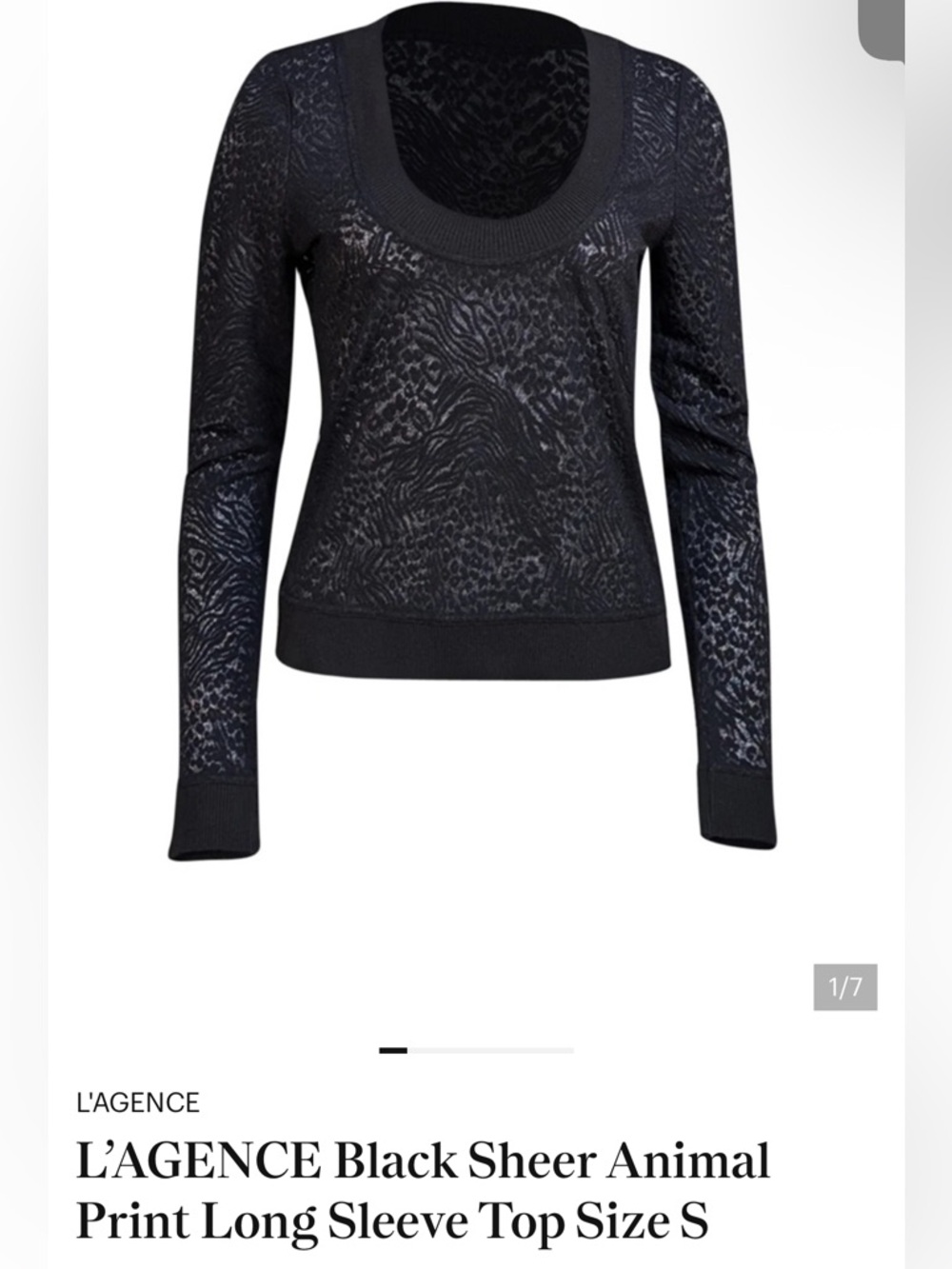 L'AGENCE Black Sheer Animal Print Long Sleeve Top Wool Blend size S